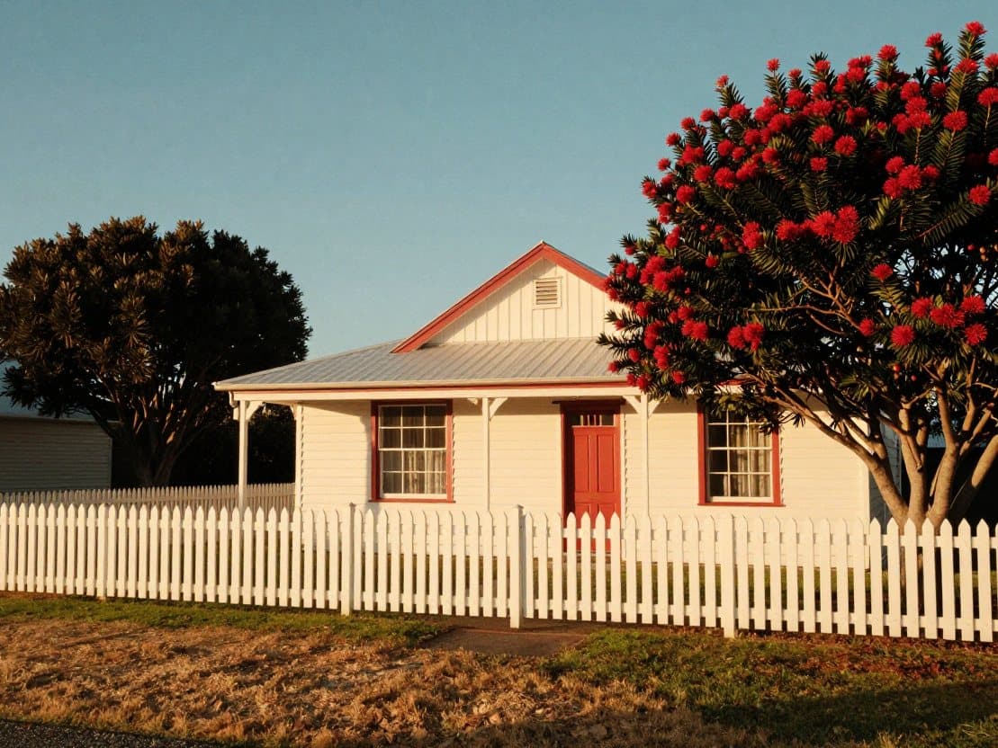 A white weatherboard villa with a red front door under a flowering pohutukawa