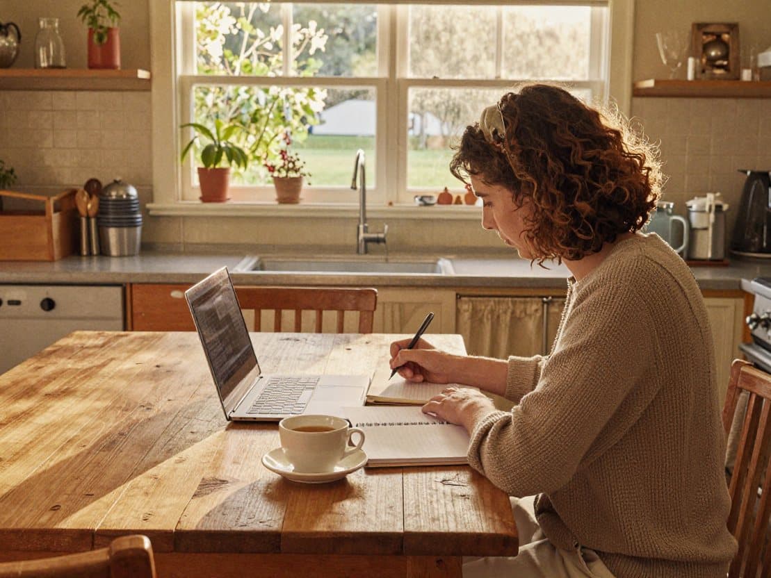 A landlord writing notes at a kitchen table beside a laptop and a cup of tea