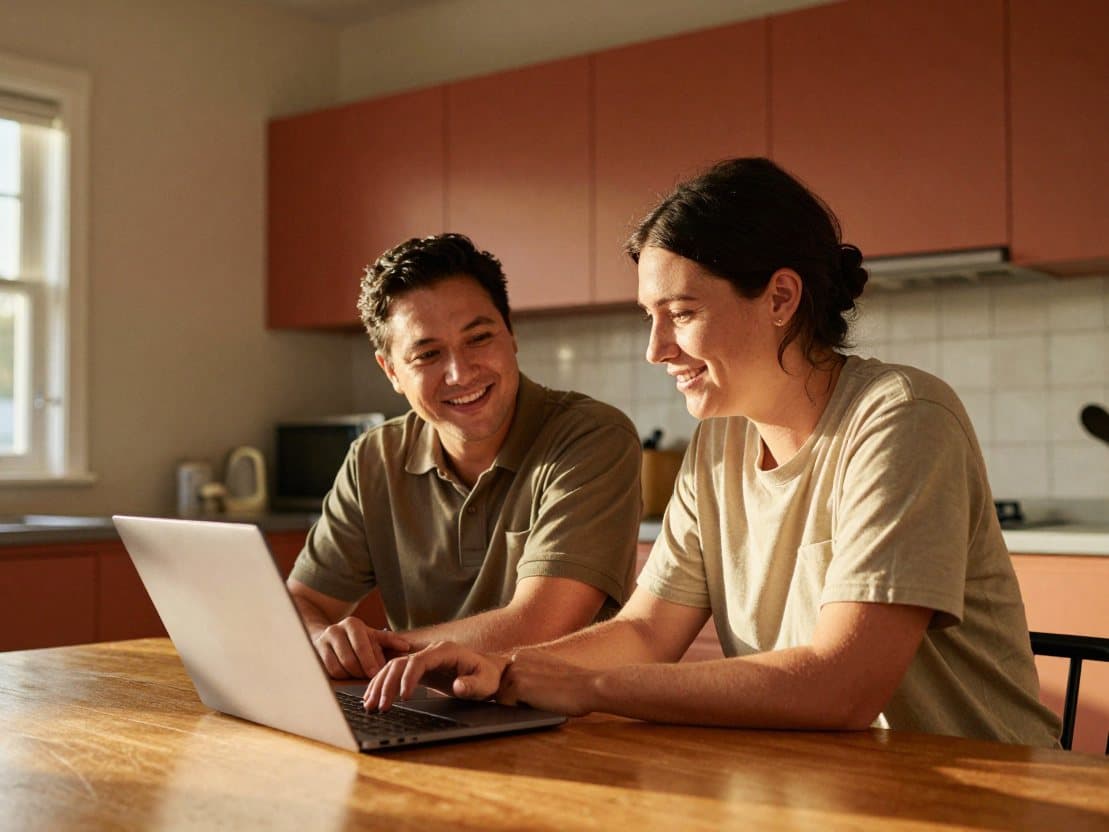 A landlord and a tenant at a kitchen table looking at one laptop together